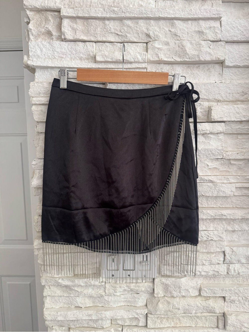 Supeddown Black Satin Fringe Wrap Mini Skirt - Picture 2 of 4